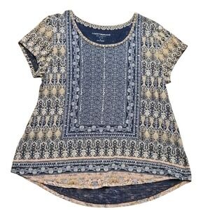 Lucky Brand Women's Printed Short Sleeve Tunic Top Size L Blue Tan EUC